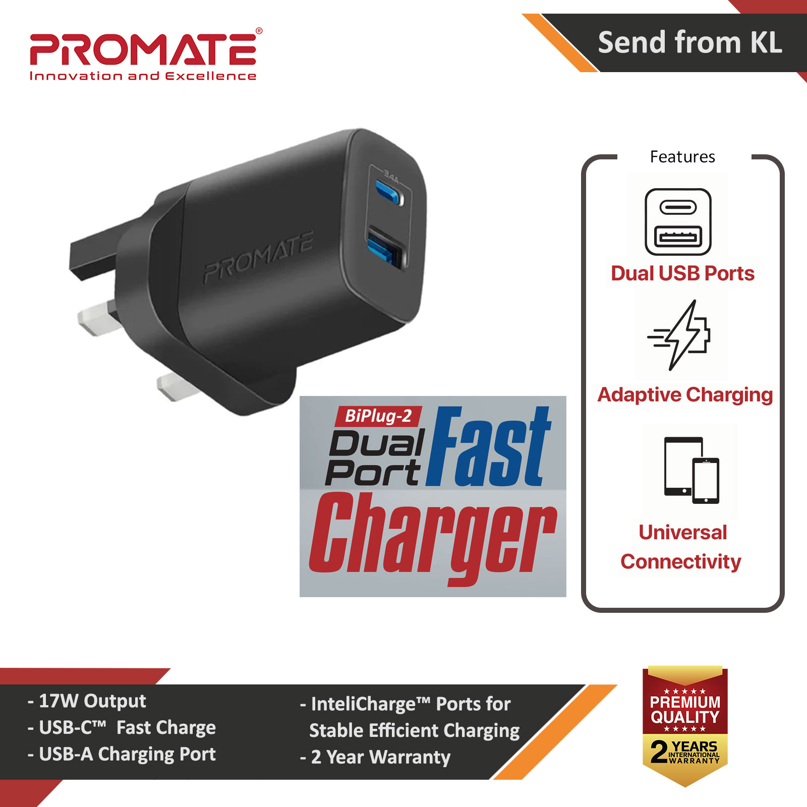 Picture of Promate 17W High Speed Dual Port Charger USB-C USB-A Port Compact Design Charger (Black) Red Design- Red Design Cases, Red Design Covers, iPad Cases and a wide selection of Red Design Accessories in Malaysia, Sabah, Sarawak and Singapore 