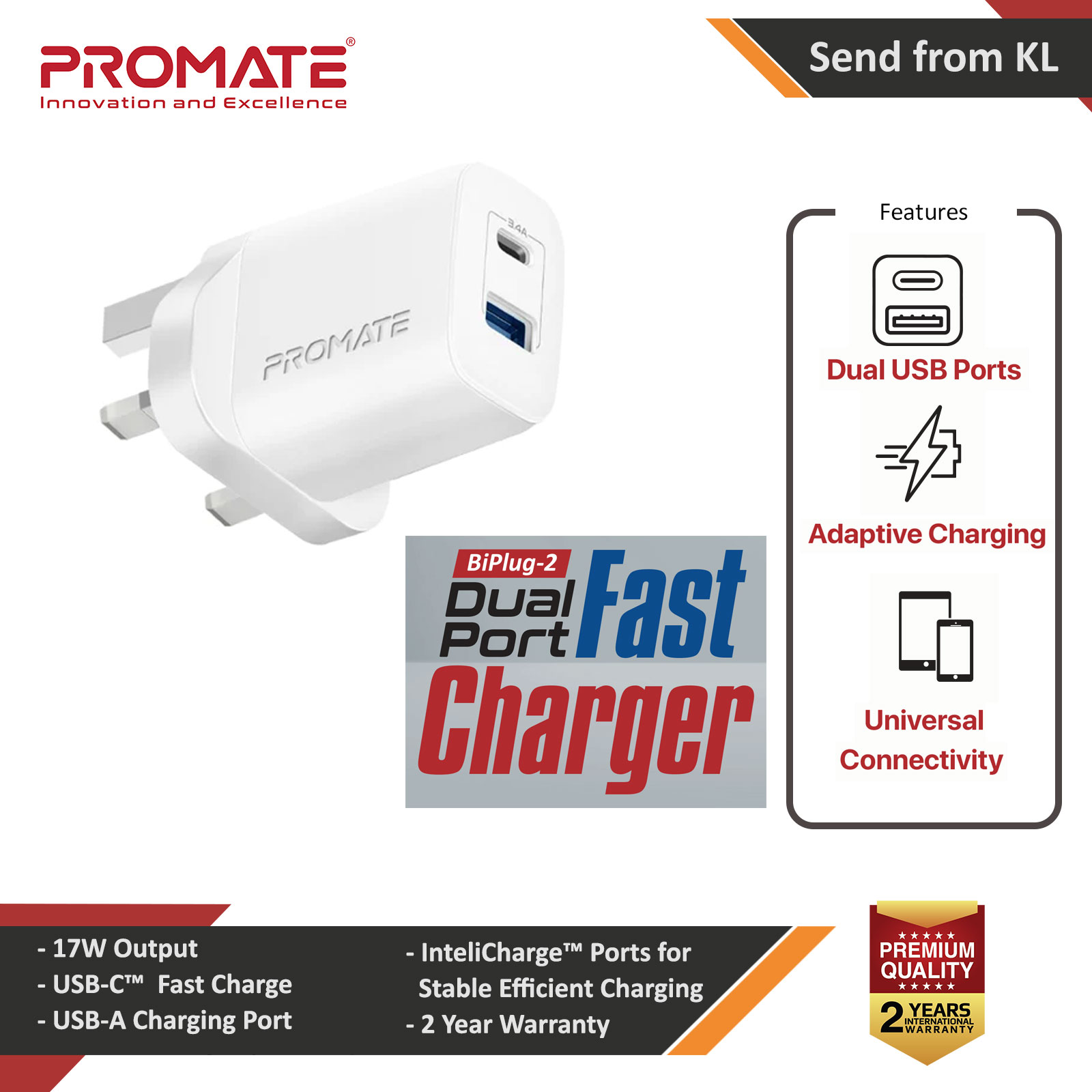 Picture of Promate 17W High Speed Dual Port Charger USB-C USB-A Port Compact Design Charger (White) Red Design- Red Design Cases, Red Design Covers, iPad Cases and a wide selection of Red Design Accessories in Malaysia, Sabah, Sarawak and Singapore 