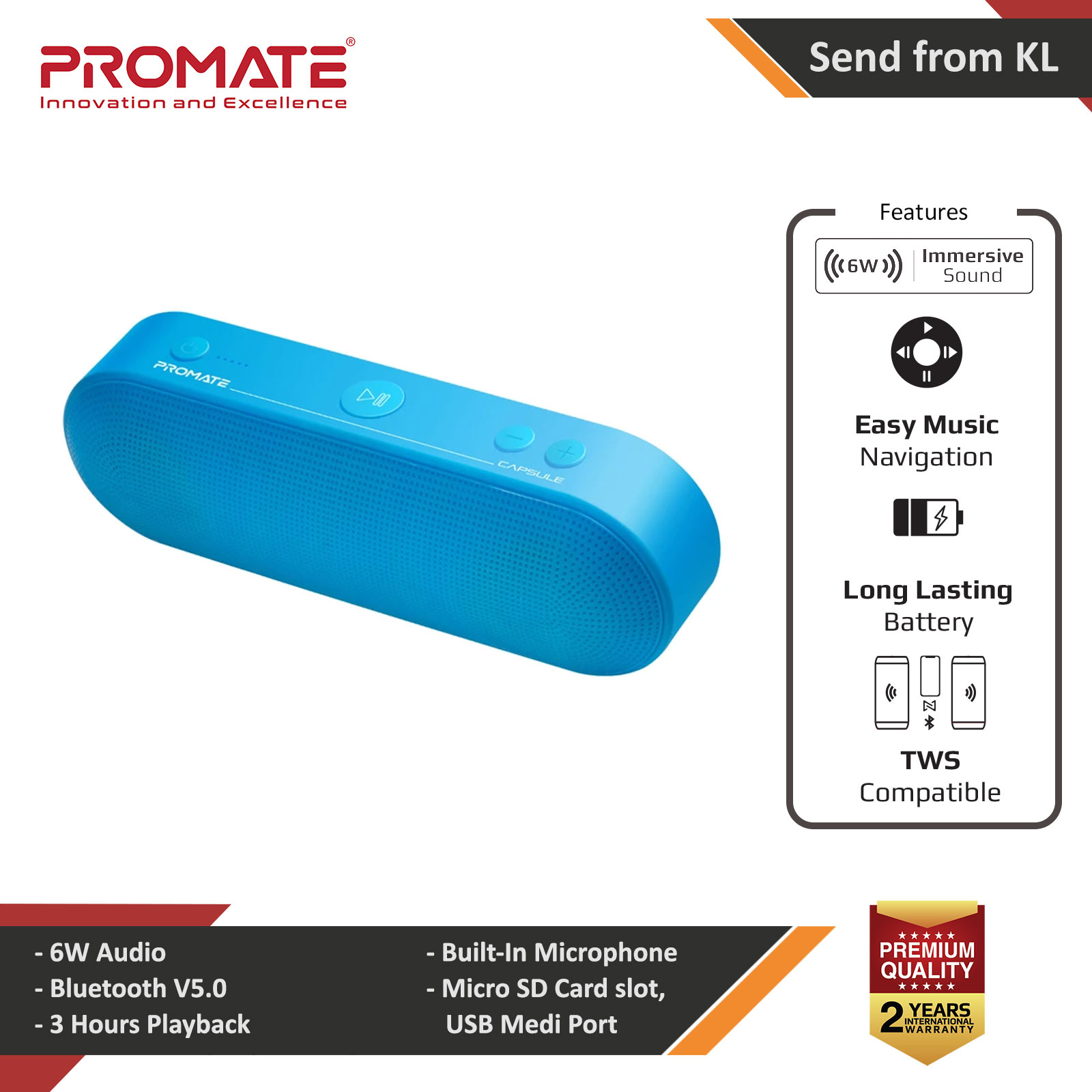 Picture of Promate Capsule High Definition Wireless Bluetooth 5.0 Speaker with Handsfree Microphone FM Radio 3.5mm Audio Jack USB Media Port and Micro SD Card Slot for iPhone 12 iPad Pro (Blue) Red Design- Red Design Cases, Red Design Covers, iPad Cases and a wide selection of Red Design Accessories in Malaysia, Sabah, Sarawak and Singapore 