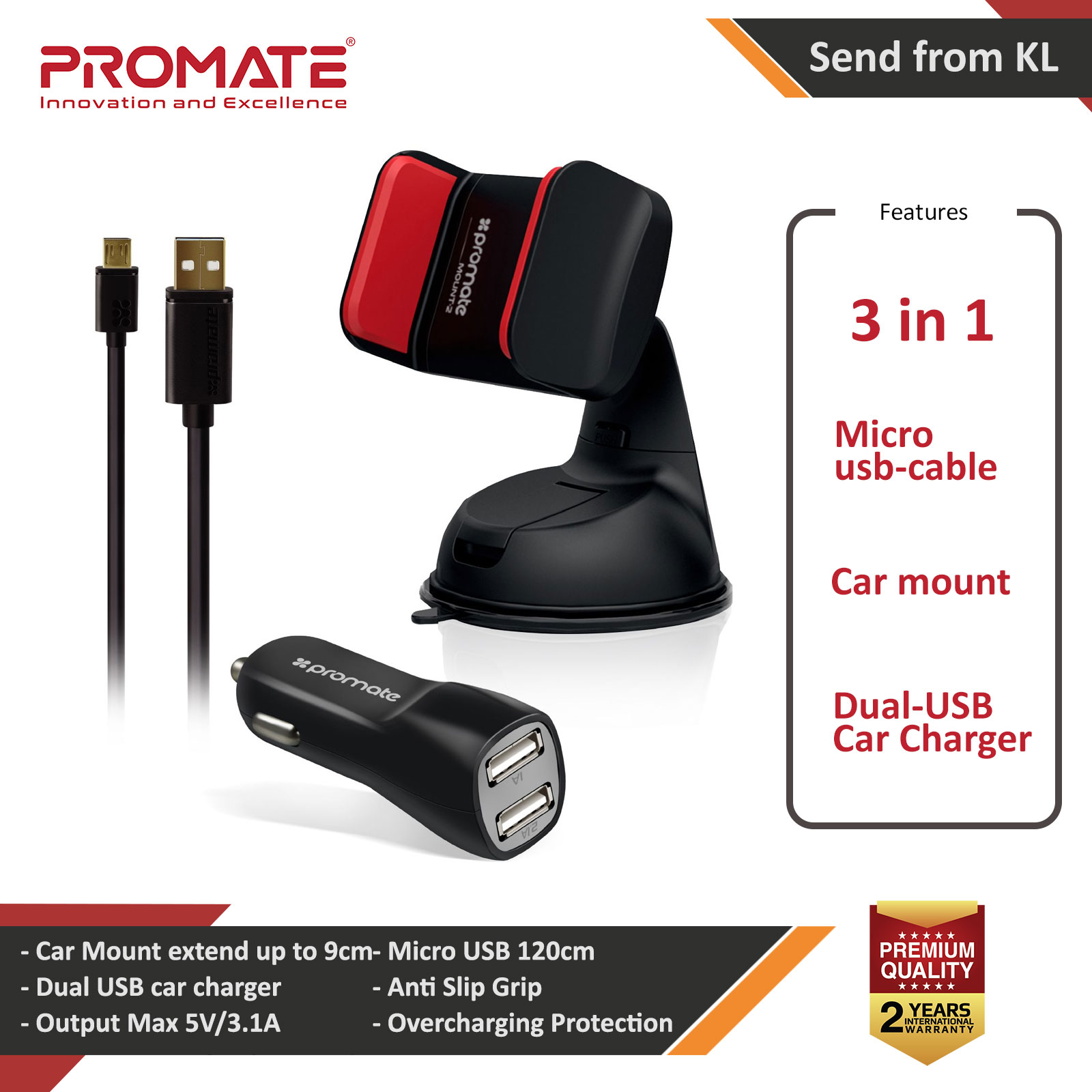 Picture of Promate Car Kit 3-In-1 Micro USB Car Kit with 3.1A Dual USB Universal Car Charger Car Mount Phone Holder for Smartphones Carkit HM (Black) Red Design- Red Design Cases, Red Design Covers, iPad Cases and a wide selection of Red Design Accessories in Malaysia, Sabah, Sarawak and Singapore 