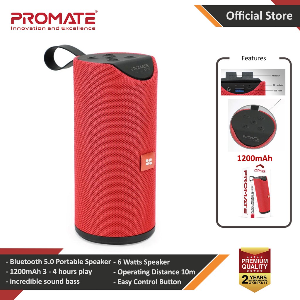 Picture of Promate Chill Wireless Portable Bluetooth v5.0 Stereo Speaker with Bass Sound Built-In Mic Micro SD Card Slot (Red) Red Design- Red Design Cases, Red Design Covers, iPad Cases and a wide selection of Red Design Accessories in Malaysia, Sabah, Sarawak and Singapore 