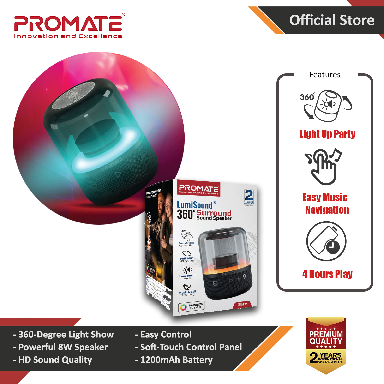Picture of Promate LED Bluetooth Speaker with TWS  Aux Port Micro SD Card Slot USB Media Port 360 Sound and LED Glitz (Black) Red Design- Red Design Cases, Red Design Covers, iPad Cases and a wide selection of Red Design Accessories in Malaysia, Sabah, Sarawak and Singapore 