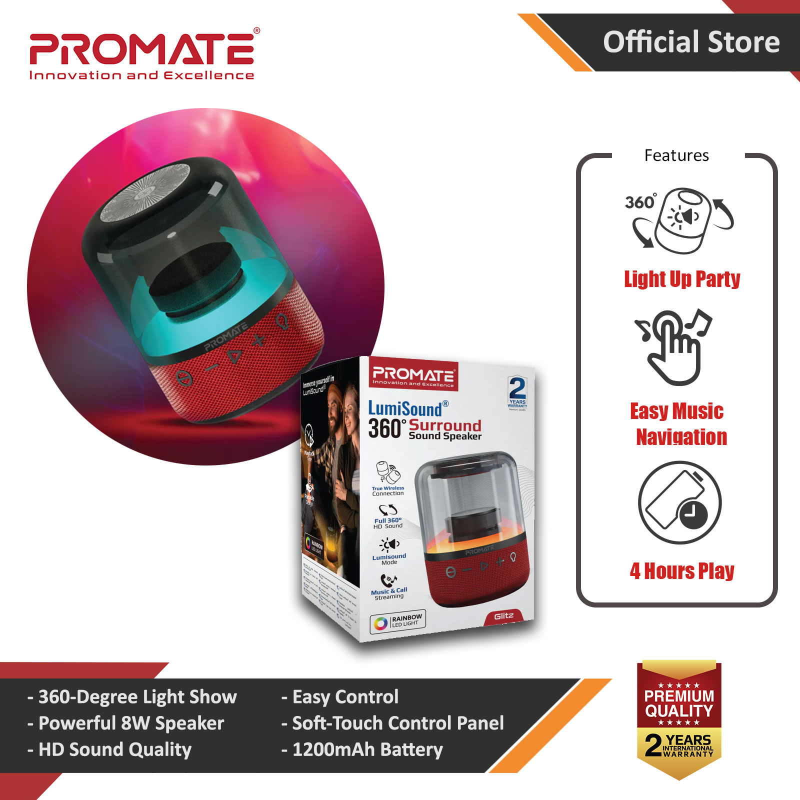 Picture of Promate LED Bluetooth Speaker with TWS  Aux Port Micro SD Card Slot USB Media Port 360 Sound and LED Glitz (Red) Red Design- Red Design Cases, Red Design Covers, iPad Cases and a wide selection of Red Design Accessories in Malaysia, Sabah, Sarawak and Singapore 