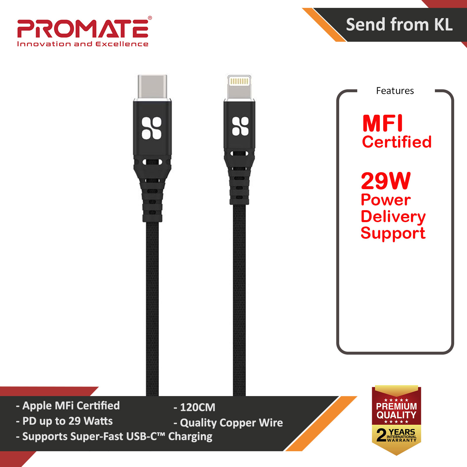 Picture of Promate Ultra Fast USB C to Lightning Suport 27W Power Delivery Fast Charging for iPhone 13 Pro Max iPhone14 Pro Max IPad Airpods Pro Powercord (Black) Red Design- Red Design Cases, Red Design Covers, iPad Cases and a wide selection of Red Design Accessories in Malaysia, Sabah, Sarawak and Singapore 