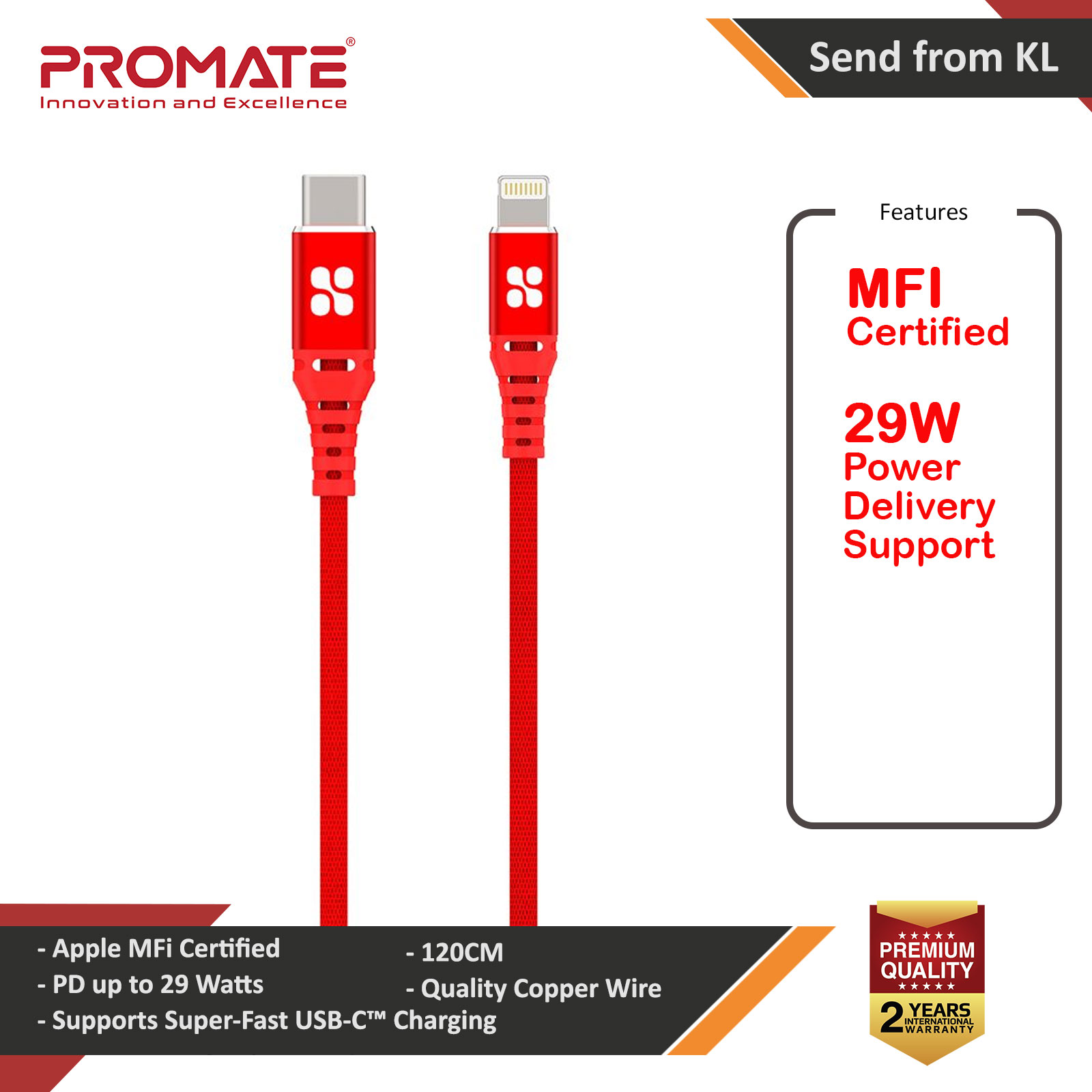 Picture of Promate Ultra Fast USB C to Lightning Suport 27W Power Delivery Fast Charging for iPhone 13 Pro Max iPhone14 Pro Max IPad Airpods Pro Powercord (Red) Red Design- Red Design Cases, Red Design Covers, iPad Cases and a wide selection of Red Design Accessories in Malaysia, Sabah, Sarawak and Singapore 