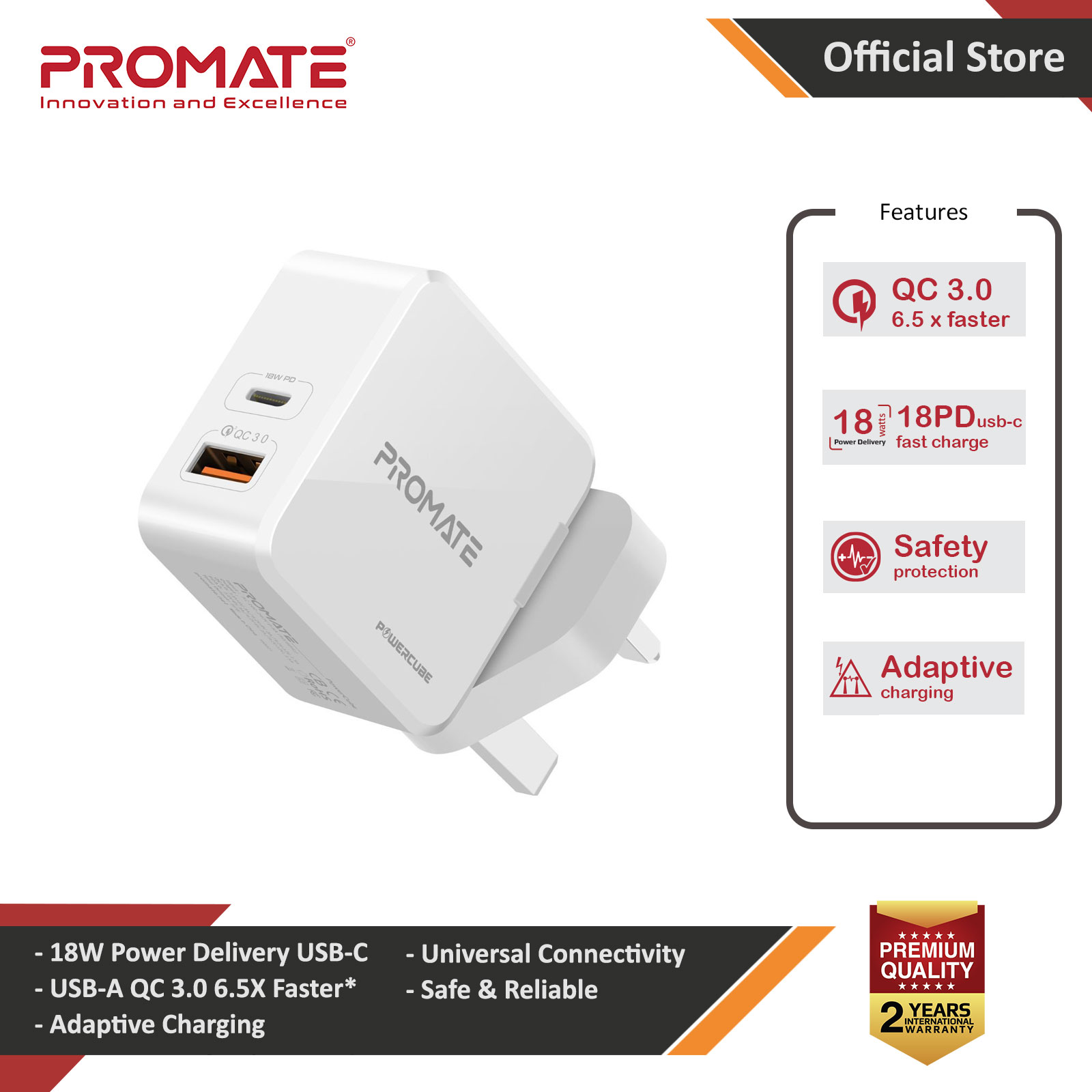 Picture of Promate 36W PD USB-C Wall Charger with Qualcomm Quick Charge QC3.0 Port Fast Charging Power Delivery for iPhone 8 and up Quick Charge for All Androids for iPhone 11 Pro Max (White) Red Design- Red Design Cases, Red Design Covers, iPad Cases and a wide selection of Red Design Accessories in Malaysia, Sabah, Sarawak and Singapore 