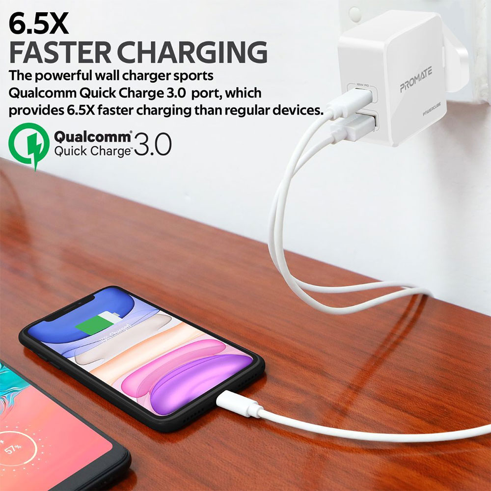 Picture of Promate 36W PD USB-C Wall Charger with Qualcomm Quick Charge QC3.0 Port Fast Charging Power Delivery for iPhone 8 and up Quick Charge for All Androids for iPhone 11 Pro Max (White)