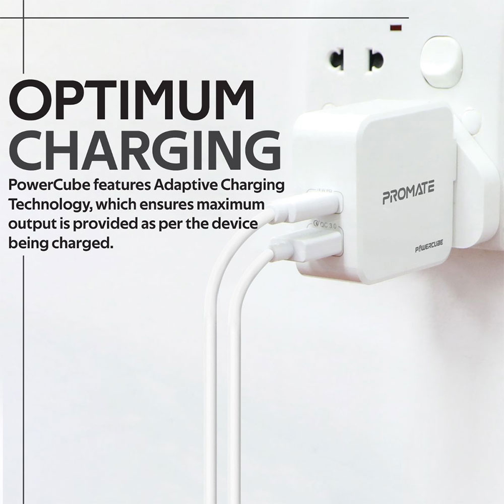 Picture of Promate 36W PD USB-C Wall Charger with Qualcomm Quick Charge QC3.0 Port Fast Charging Power Delivery for iPhone 8 and up Quick Charge for All Androids for iPhone 11 Pro Max (White)