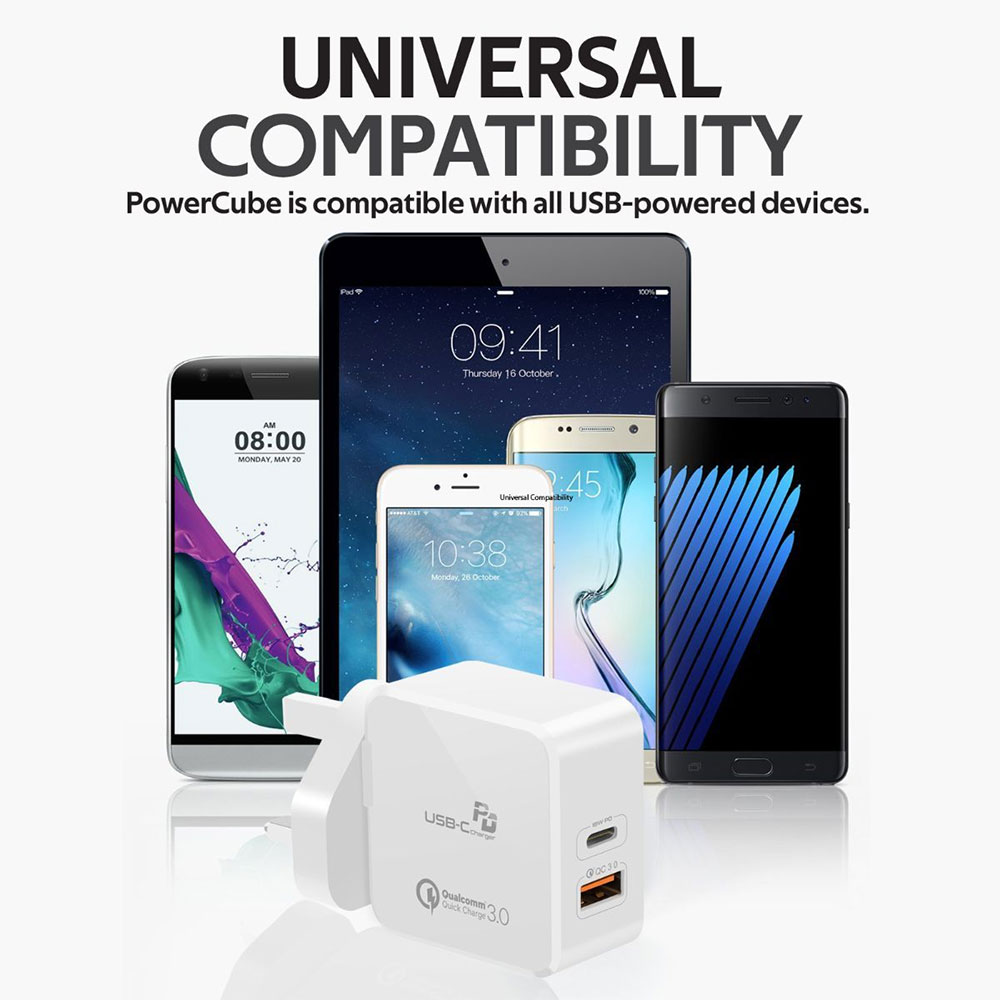 Picture of Promate 36W PD USB-C Wall Charger with Qualcomm Quick Charge QC3.0 Port Fast Charging Power Delivery for iPhone 8 and up Quick Charge for All Androids for iPhone 11 Pro Max (White)