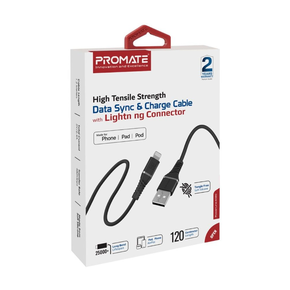 Picture of Promate Ultra Fast USB A to Lightning 2.4A Fast Charging Soft Silicone cable for iPhone 13 Pro Max IPad Airpods Pro PowerLine-Ai120 (Black)