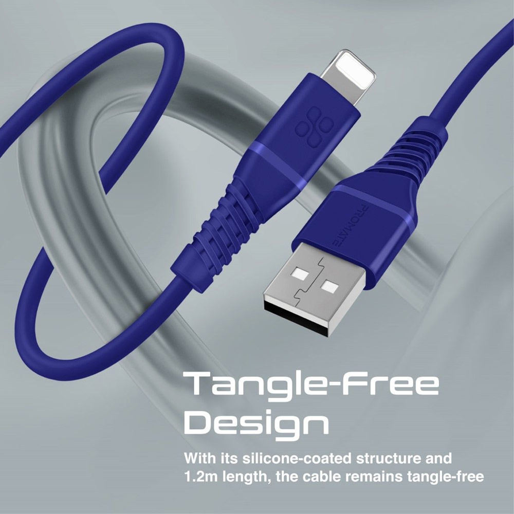 Picture of Promate Ultra Fast USB A to Lightning 2.4A Fast Charging Soft Silicone cable for iPhone 13 Pro Max IPad Airpods Pro PowerLine-Ai120 (Blue)