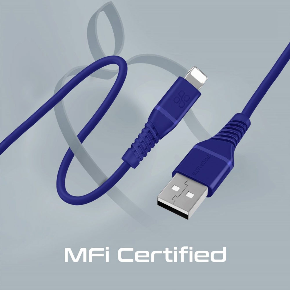 Picture of Promate Ultra Fast USB A to Lightning 2.4A Fast Charging Soft Silicone cable for iPhone 13 Pro Max IPad Airpods Pro PowerLine-Ai120 (Blue)