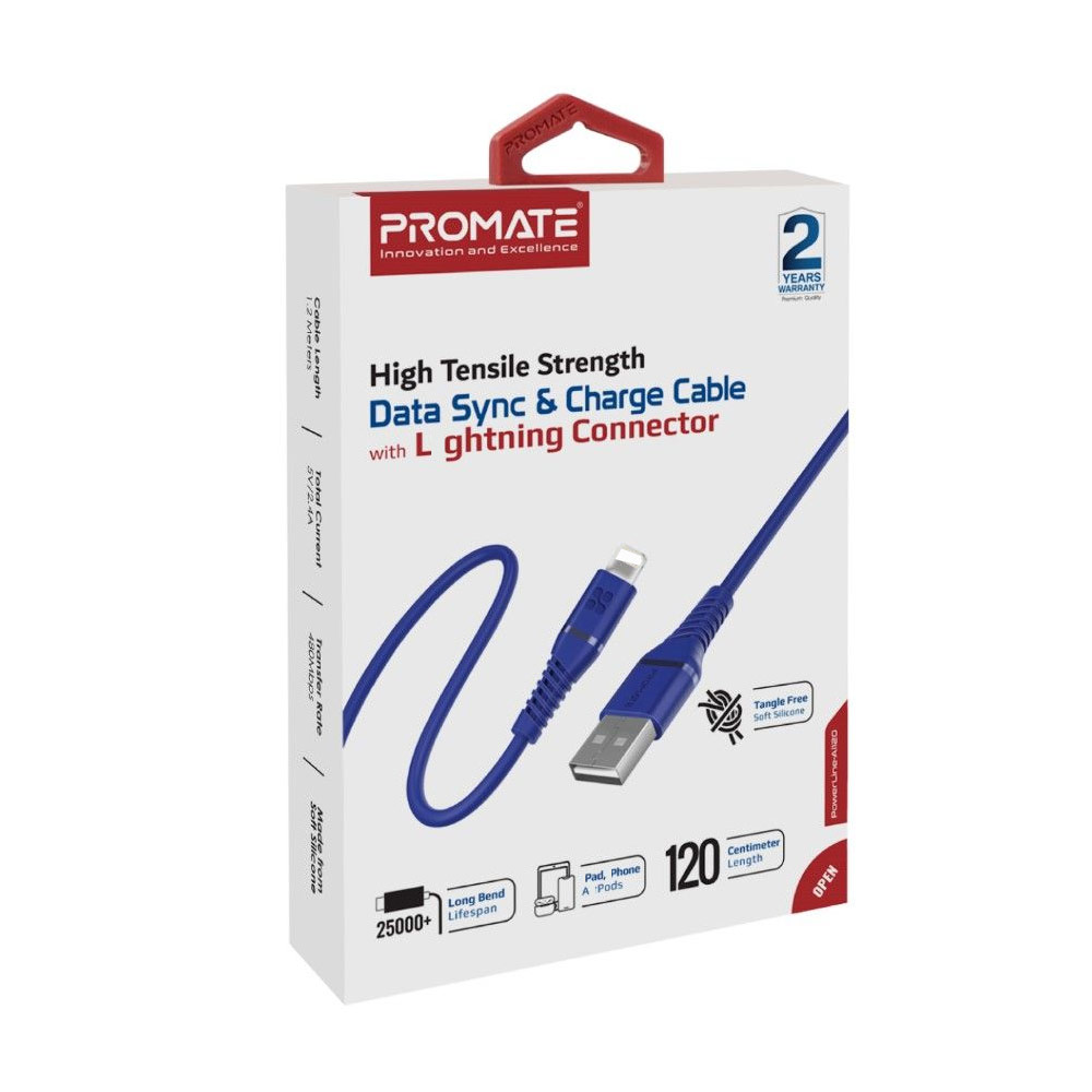 Picture of Promate Ultra Fast USB A to Lightning 2.4A Fast Charging Soft Silicone cable for iPhone 13 Pro Max IPad Airpods Pro PowerLine-Ai120 (Blue)