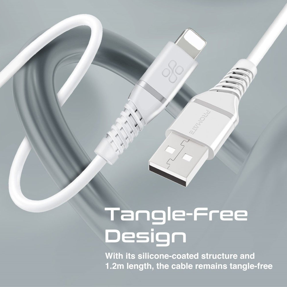 Picture of Promate Ultra Fast USB A to Lightning 2.4A Fast Charging Soft Silicone cable for iPhone 13 Pro Max IPad Airpods Pro PowerLine-Ai120 (White)