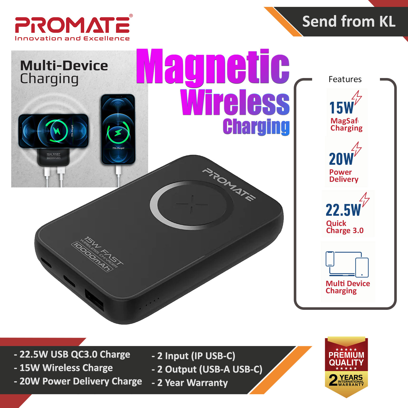 Picture of Promate 10000mAh Magnetic Wireless Power Bank Powerbank 15W Wireless 22.5W QC3 Output 20W Power Delivery (Black) Red Design- Red Design Cases, Red Design Covers, iPad Cases and a wide selection of Red Design Accessories in Malaysia, Sabah, Sarawak and Singapore 