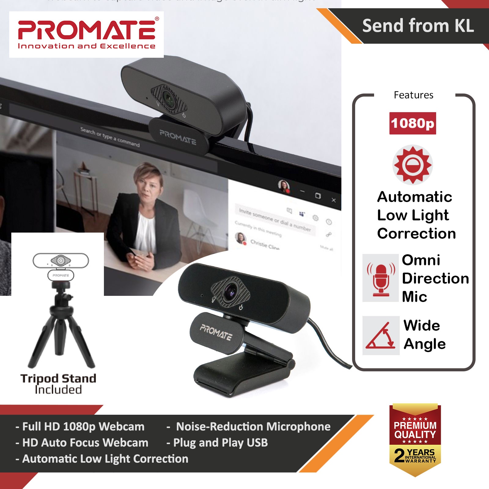 Picture of Promate Auto Focus Wide Angle USB Webcam Full HD1080P with Microphone with Tripod Stand for Live Streaming Video Chat Online Classes for Macbook Laptop Red Design- Red Design Cases, Red Design Covers, iPad Cases and a wide selection of Red Design Accessories in Malaysia, Sabah, Sarawak and Singapore 