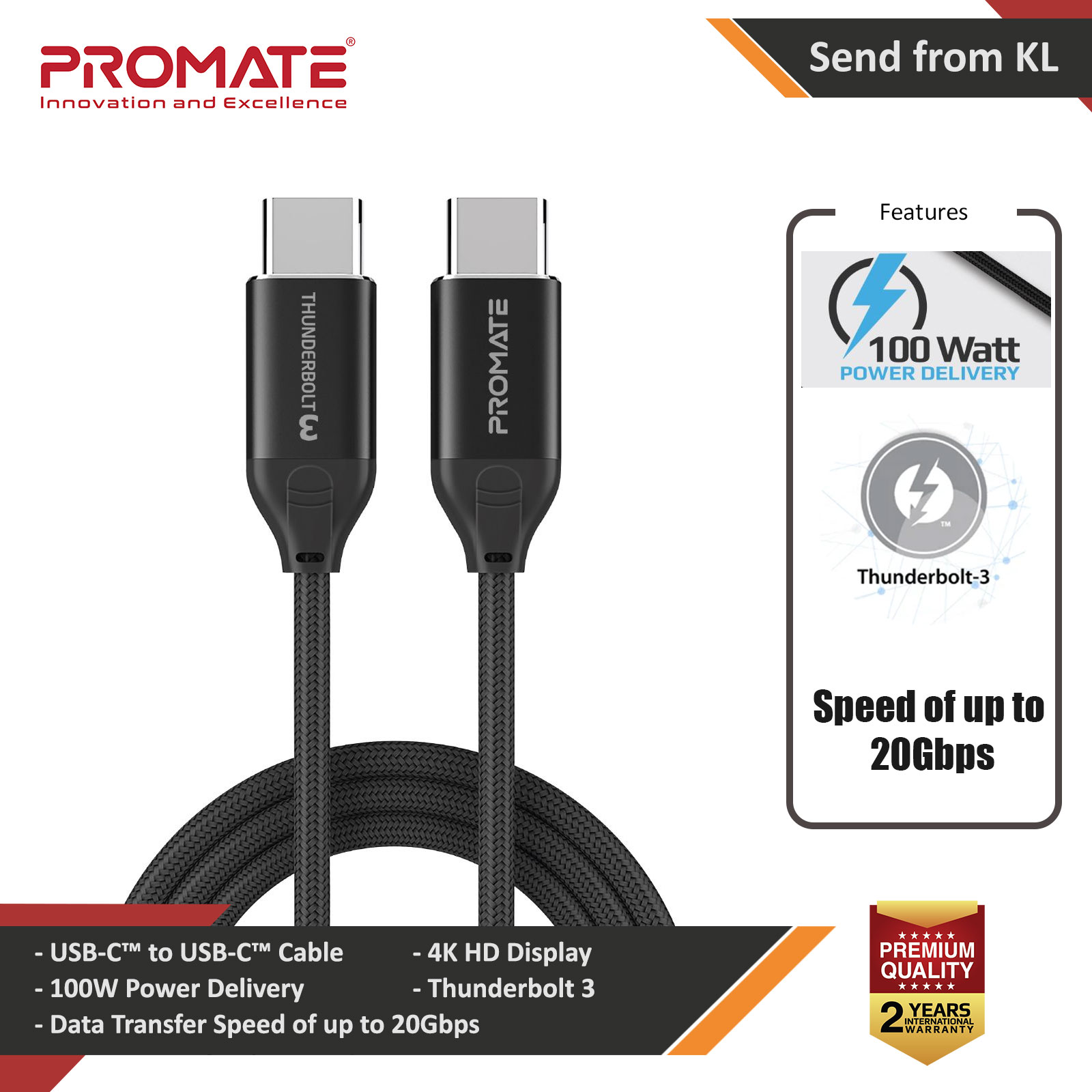 Picture of Promate USB-C™ to USB-C™ Cable Ultra-Fast Thunderbolt 3 Type- C™ Sync and Charge Cable with 100W Power Delivery 4K Video Support and 20Gbps Data Speed for MacBook Pro Chromebook Pixel iPad Pro iPad Air ThunderLink-C20+ Red Design- Red Design Cases, Red Design Covers, iPad Cases and a wide selection of Red Design Accessories in Malaysia, Sabah, Sarawak and Singapore 