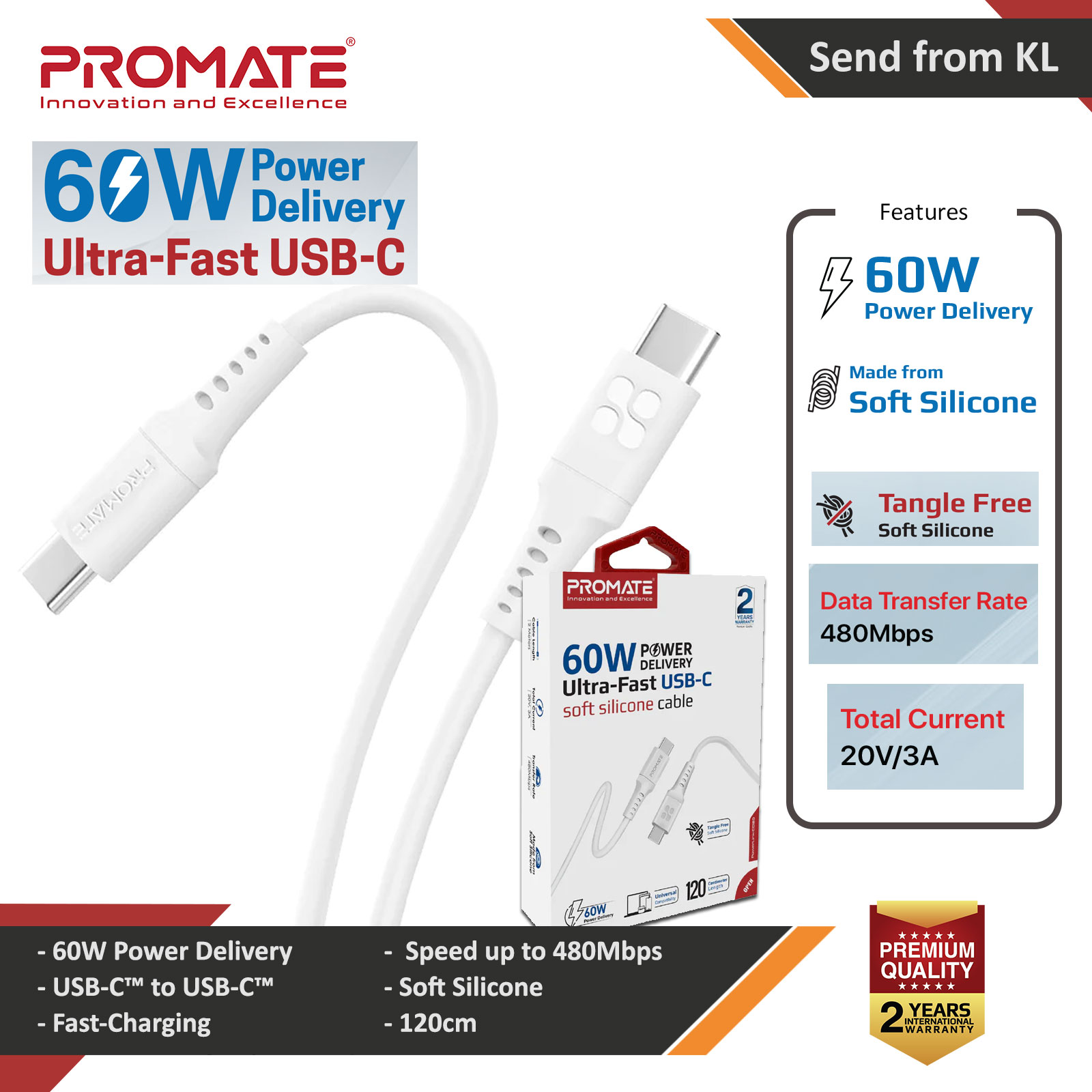 Picture of Promate USB-C Cable Ultra-Fast 60W Power Delivery Type-C Charging Cable with 480Mbps Sync Charge for Smartphone Tablet  PowerLink-CC120 (White) Red Design- Red Design Cases, Red Design Covers, iPad Cases and a wide selection of Red Design Accessories in Malaysia, Sabah, Sarawak and Singapore 