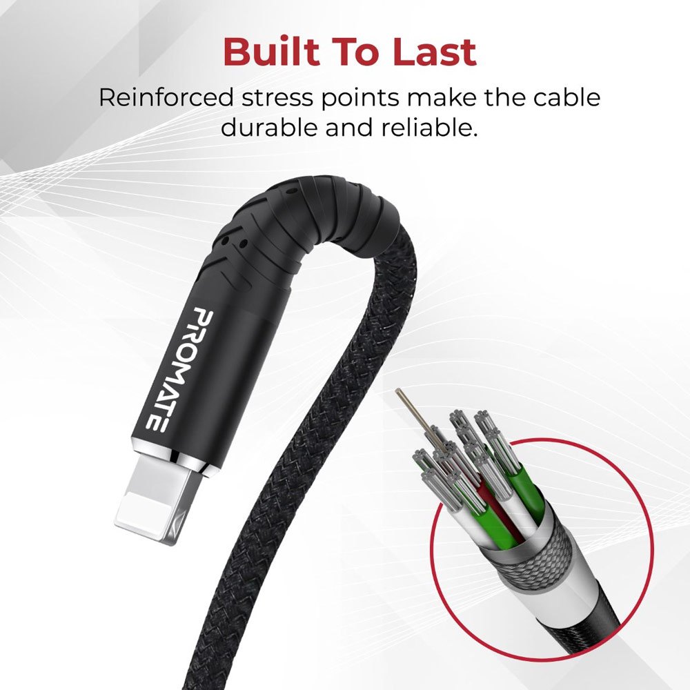 Picture of Promate USB A to Lightning 2.4A Fast Charging Fabric Braided Cable for iPhone 13 Pro Max IPad Airpods Pro iCord-1 (Black)