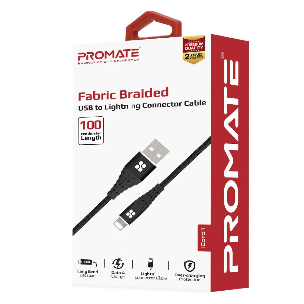 Picture of Promate USB A to Lightning 2.4A Fast Charging Fabric Braided Cable for iPhone 13 Pro Max IPad Airpods Pro iCord-1 (Black)