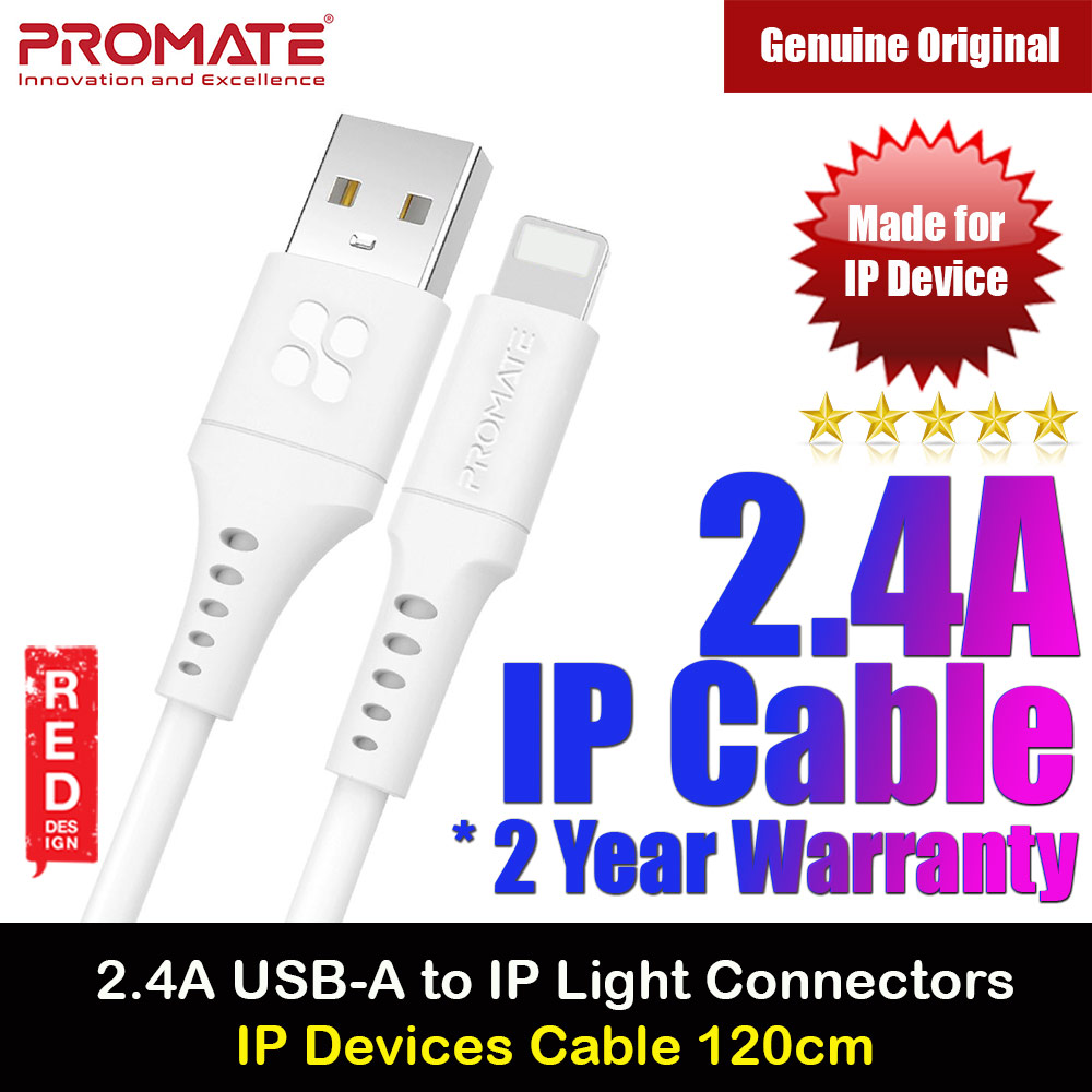 Picture of Promate USB A to Lightning 2.4A Fast Charging Soft Silicone Cable for iPhone 13 Pro Max IPad Airpods Pro PowerLink-Ai120 (White) Red Design- Red Design Cases, Red Design Covers, iPad Cases and a wide selection of Red Design Accessories in Malaysia, Sabah, Sarawak and Singapore 
