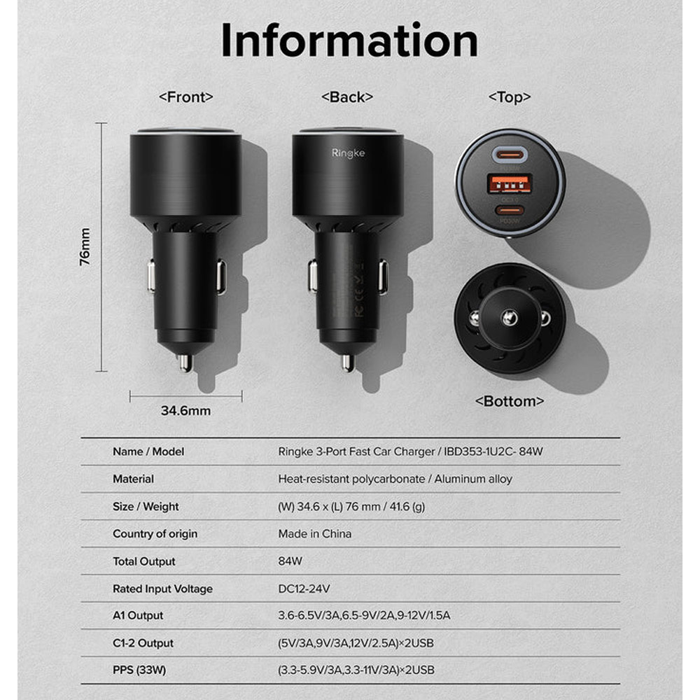 Picture of Ringke 84W Fast Speed High Speed Strong Car Charger PD PPS QC3.0 for iPhone 15 Pro Max S24 Ultra Z Fold 5 Flip 5 iPad Pro (Black)