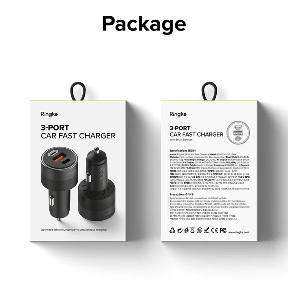Picture of Ringke 84W Fast Speed High Speed Strong Car Charger PD PPS QC3.0 for iPhone 15 Pro Max S24 Ultra Z Fold 5 Flip 5 iPad Pro (Black)