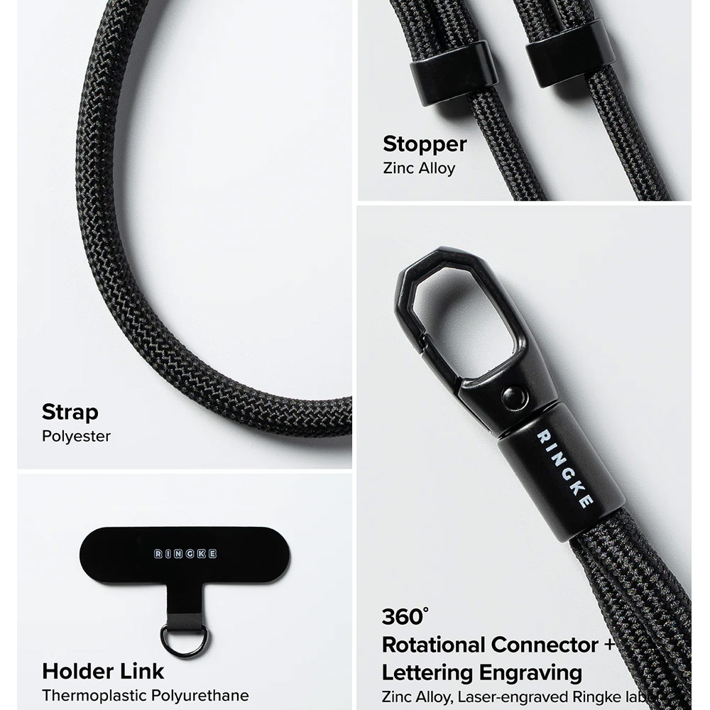 Picture of Ringke Holder Link and Flow Shoulder Strap Y-Type Easy Strap Crossbody Lanyard Shoulder Holder Card Link Adjustable Phone Strap for closed-bottom phone case (Calm Black)