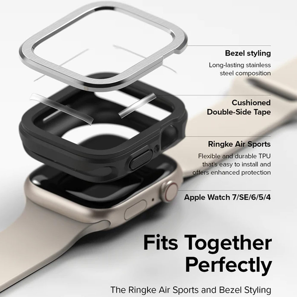 Picture of Apple Watch 45mm Case | Ringke Air Sports Soft Bumper Case and Aluminum Bezel for Apple Watch 45mm 44mm Case and Bezel (Black Silver)
