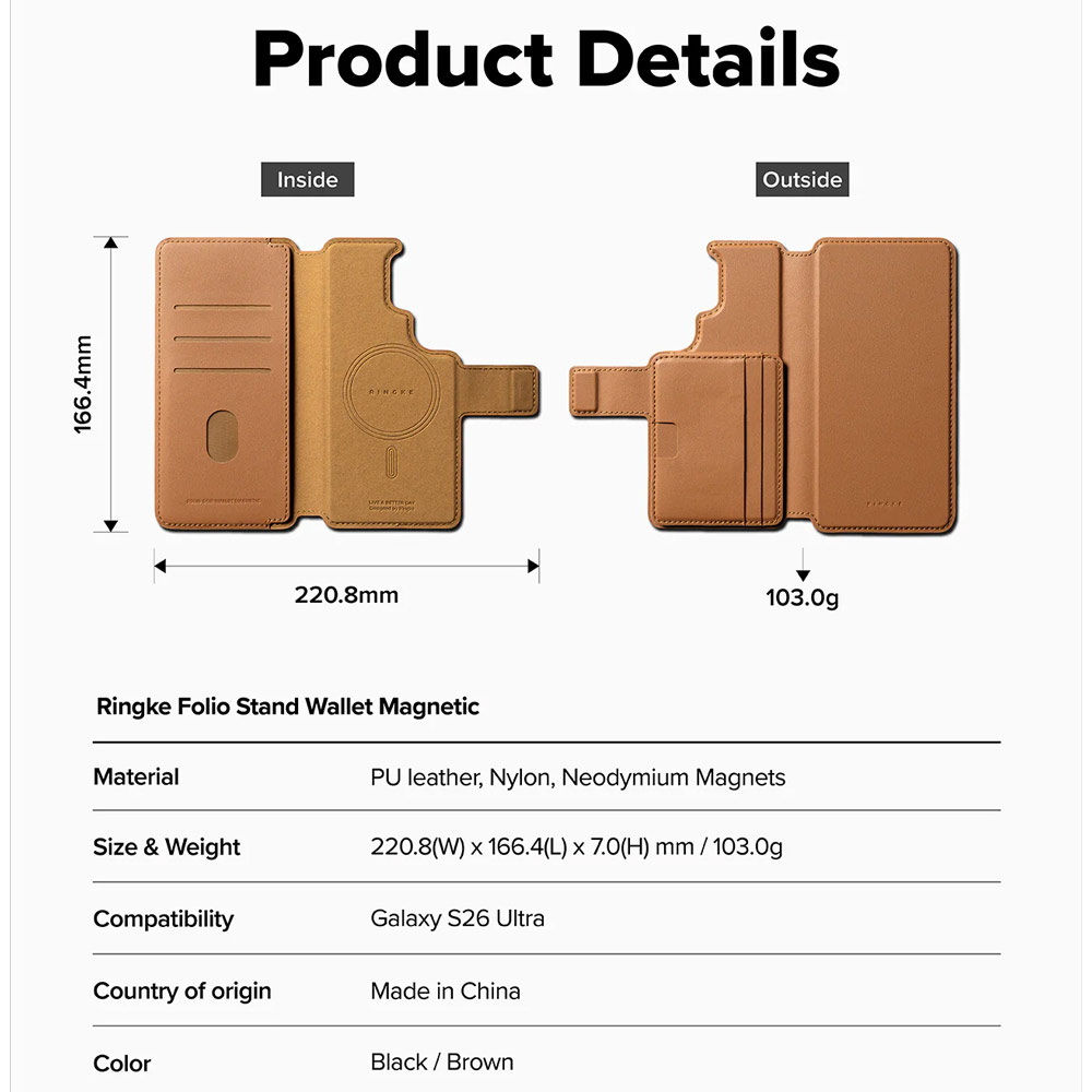 Picture of Samsung Galaxy S26 Ultra | Ringke Folio Grip Wallet Magnetic Flip Cover Card Holder for Samsung Galaxy S26 Ultra (Brown)