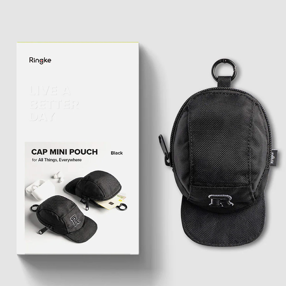 Picture of Ringke Mini Pouch Baseket Ball Cap Design Bag with high quality zipper closure with Carabiner for Small Gadgets (Black)