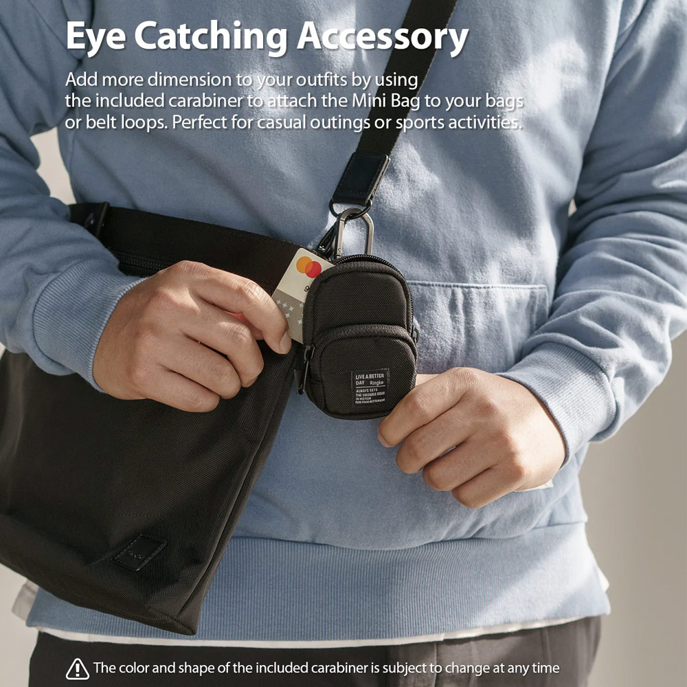 Picture of Ringke Mini Pouch Two Pocket Bag Miniature with Zipper Closure with Carabiner for Small Gadgets (Black)