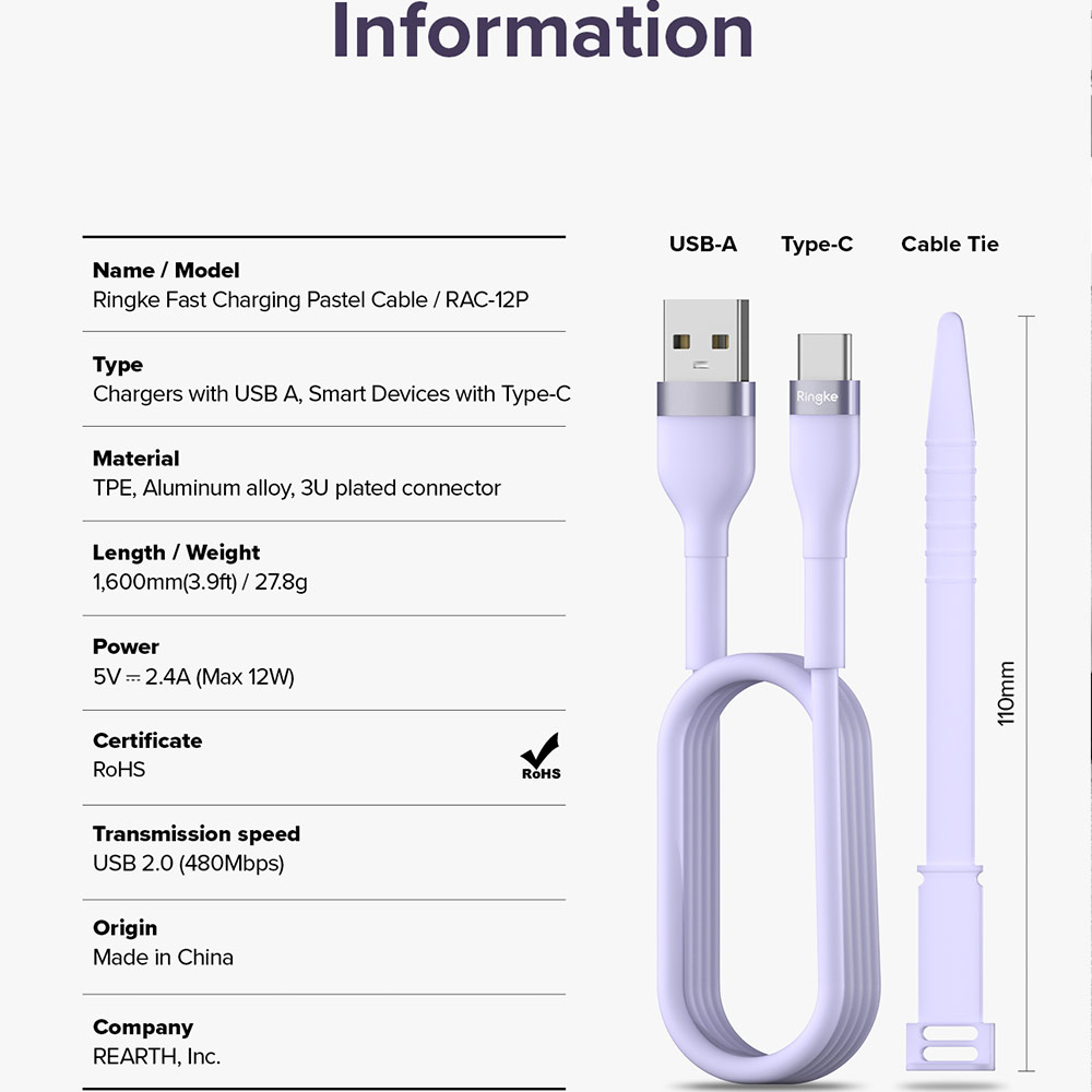 Picture of Ringke Pastel TPE Durable Cable with Cable Tie Organizer QC2.0 Fast Charge USB A to Type C (Purple 120cm)
