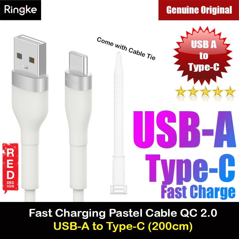 Picture of Ringke Pastel TPE Durable Cable with Cable Tie Organizer QC2.0 Fast Charge USB A to Type C (White 200cm) Red Design- Red Design Cases, Red Design Covers, iPad Cases and a wide selection of Red Design Accessories in Malaysia, Sabah, Sarawak and Singapore 
