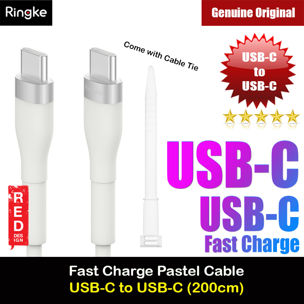 Picture of Ringke Pastel TPE Durable Cable with Cable Tie Organizer 3A Max 60W Fast Charge USB C to Type C (White 200cm) Red Design- Red Design Cases, Red Design Covers, iPad Cases and a wide selection of Red Design Accessories in Malaysia, Sabah, Sarawak and Singapore 