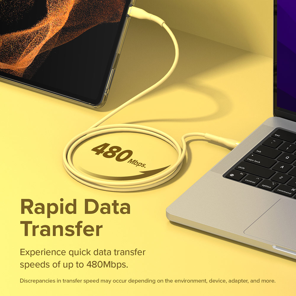 Picture of Ringke Pastel TPE Durable Cable with Cable Tie Organizer 3A Max 60W Fast Charge USB C to Type C (Yellow 200cm)