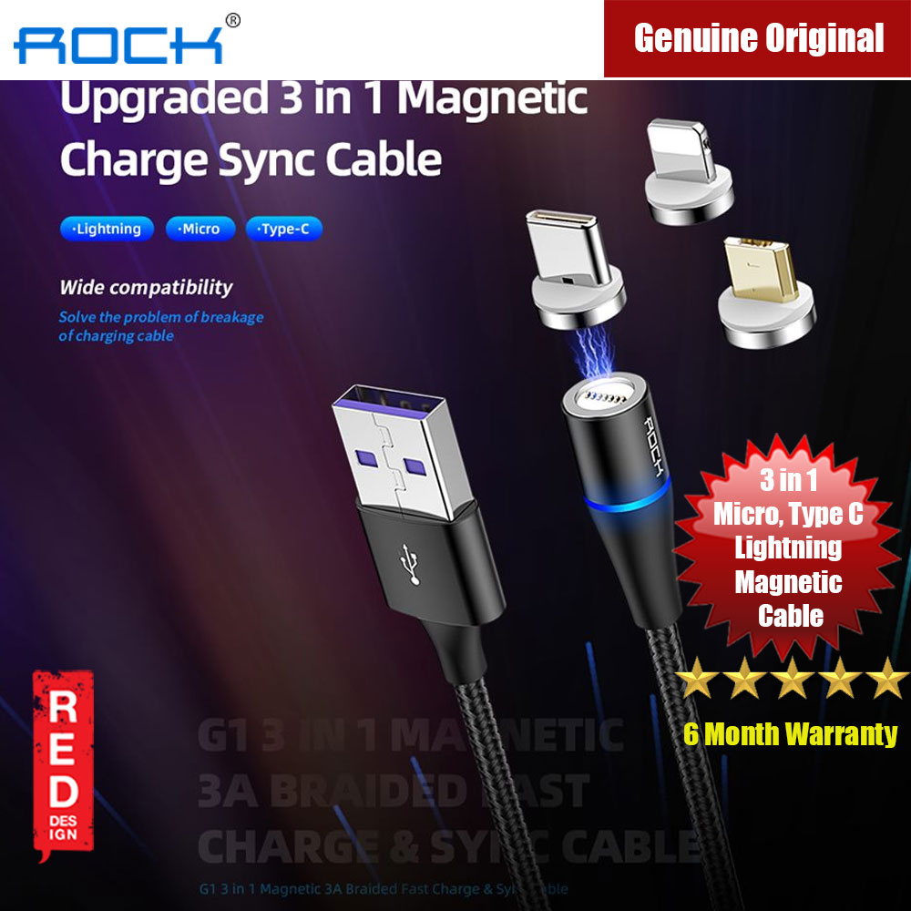 Picture of ROCK G1 3 in 1 Magnetic 3A Braided Charge and Sync Type C Lighting Micro USB Cable (Black) Red Design- Red Design Cases, Red Design Covers, iPad Cases and a wide selection of Red Design Accessories in Malaysia, Sabah, Sarawak and Singapore 