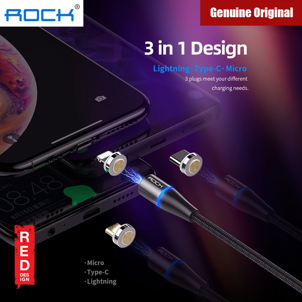 Picture of ROCK G1 3 in 1 Magnetic 3A Braided Charge and Sync Type C Lighting Micro USB Cable (Black)