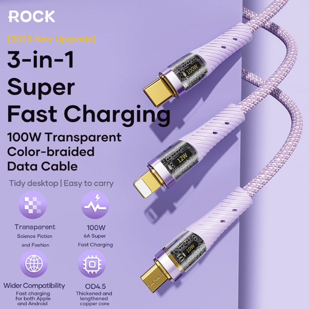 Picture of ROCK G20 3 in 1 USB Cable 100W Fast Charging Type C Micro PD Lightning Cable For iPhone  Xiaomi Samsung VOOC OPPO OnePlus Realme Fast Charge (Purple)