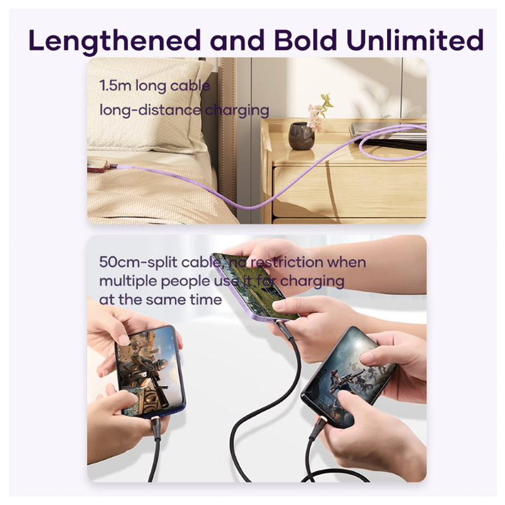 Picture of ROCK G20 3 in 1 USB Cable 100W Fast Charging Type C Micro PD Lightning Cable For iPhone  Xiaomi Samsung VOOC OPPO OnePlus Realme Fast Charge (Purple)