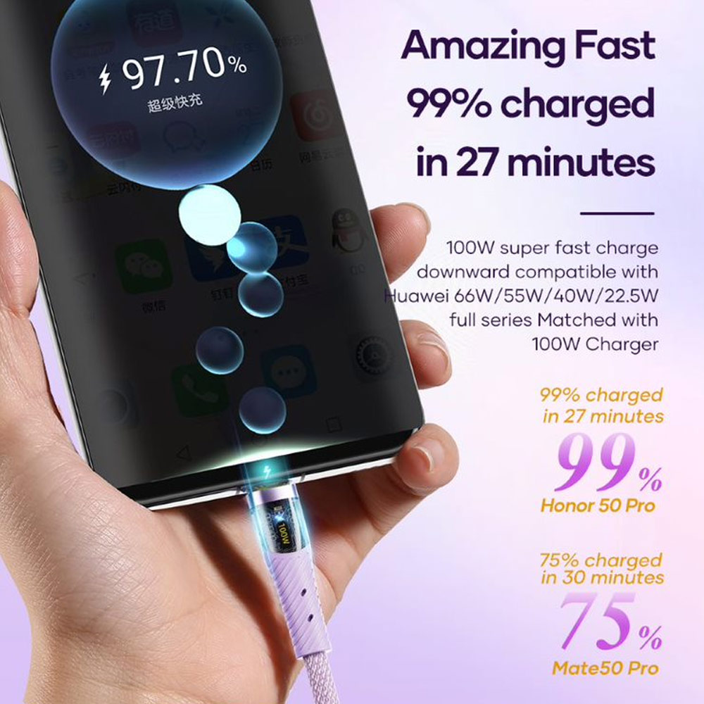 Picture of ROCK G20 3 in 1 USB Cable 100W Fast Charging Type C Micro PD Lightning Cable For iPhone  Xiaomi Samsung VOOC OPPO OnePlus Realme Fast Charge (Purple)