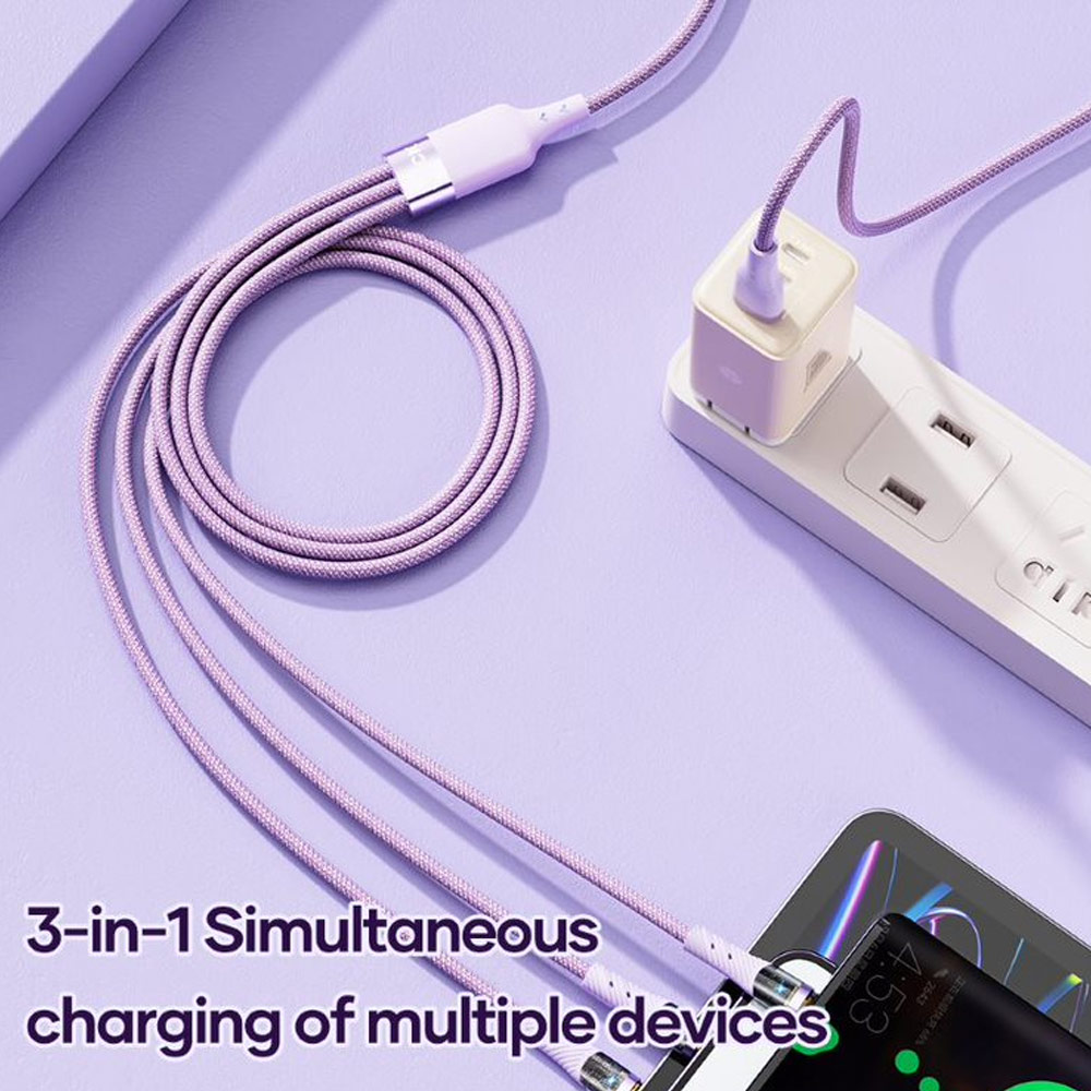 Picture of ROCK G20 3 in 1 USB Cable 100W Fast Charging Type C Micro PD Lightning Cable For iPhone  Xiaomi Samsung VOOC OPPO OnePlus Realme Fast Charge (Purple)