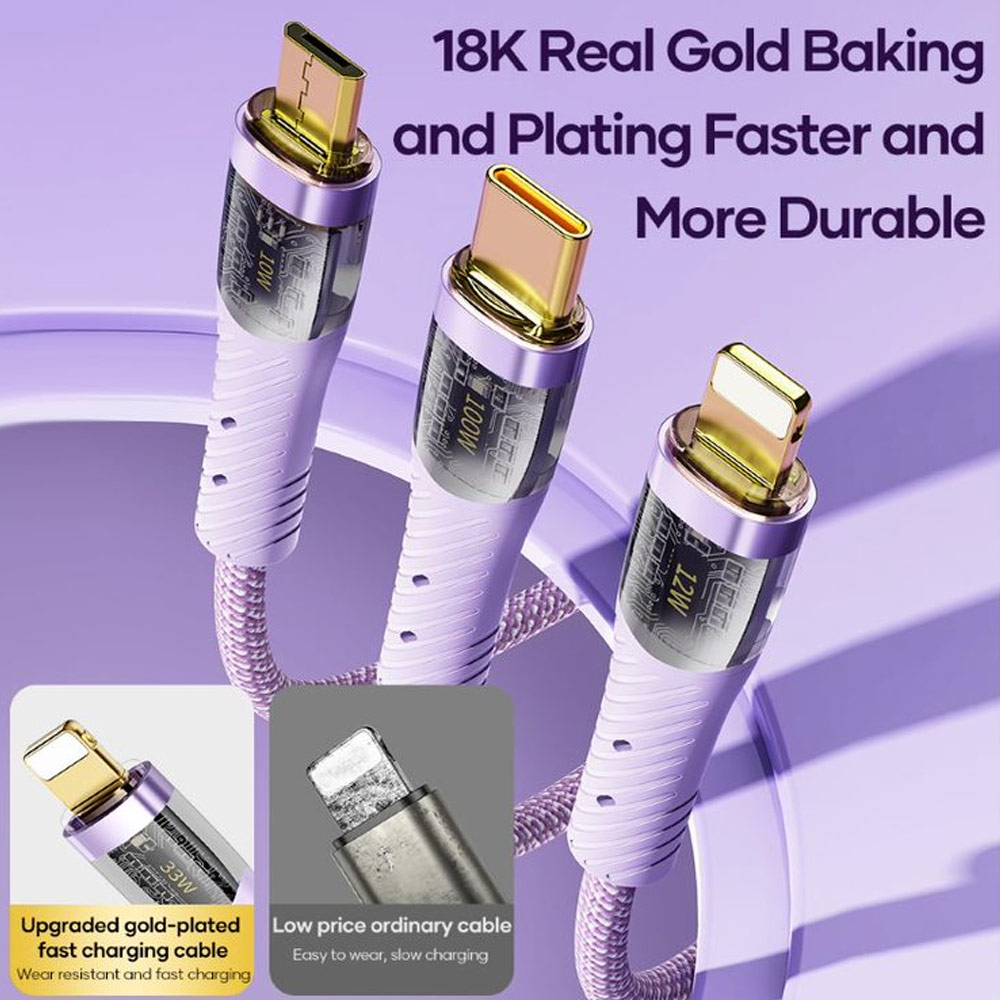 Picture of ROCK G20 3 in 1 USB Cable 100W Fast Charging Type C Micro PD Lightning Cable For iPhone  Xiaomi Samsung VOOC OPPO OnePlus Realme Fast Charge (Purple)