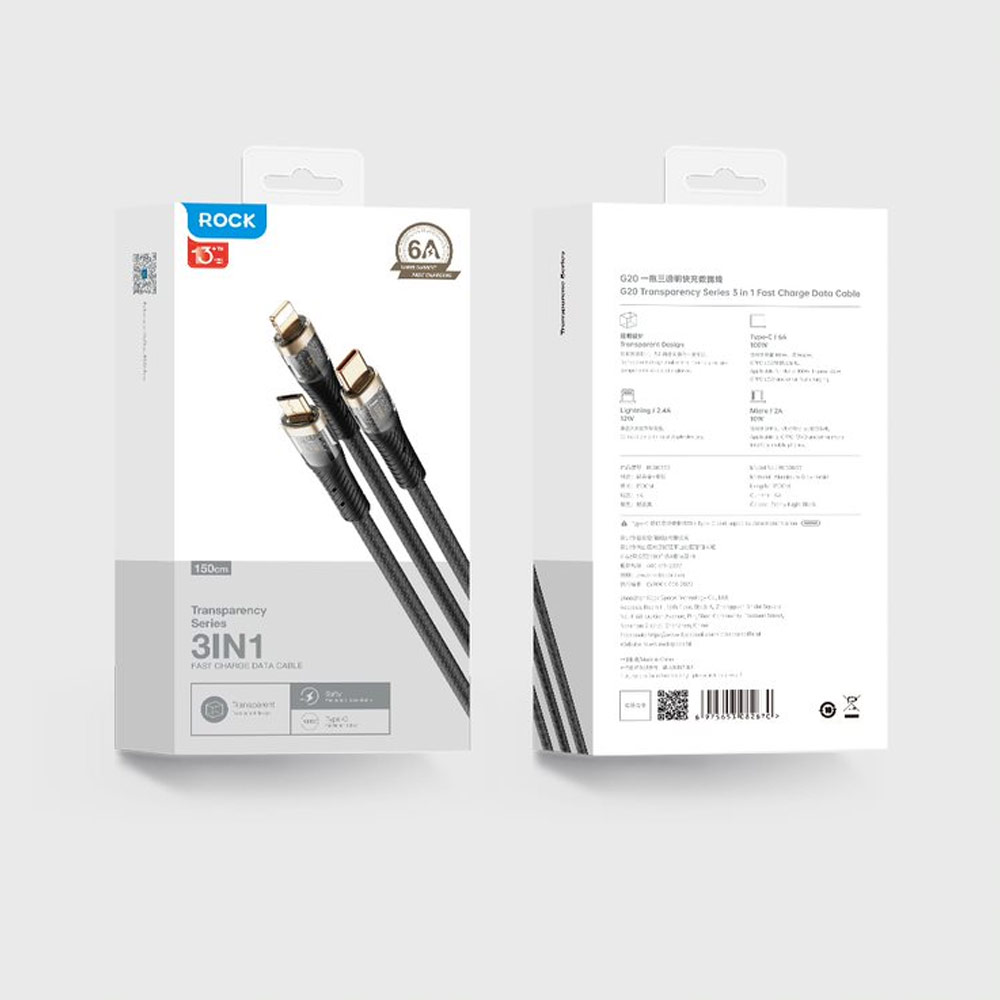 Picture of ROCK G20 3 in 1 USB Cable 100W Fast Charging Type C Micro PD Lightning Cable For iPhone  Xiaomi Samsung VOOC OPPO OnePlus Realme Fast Charge (Purple)