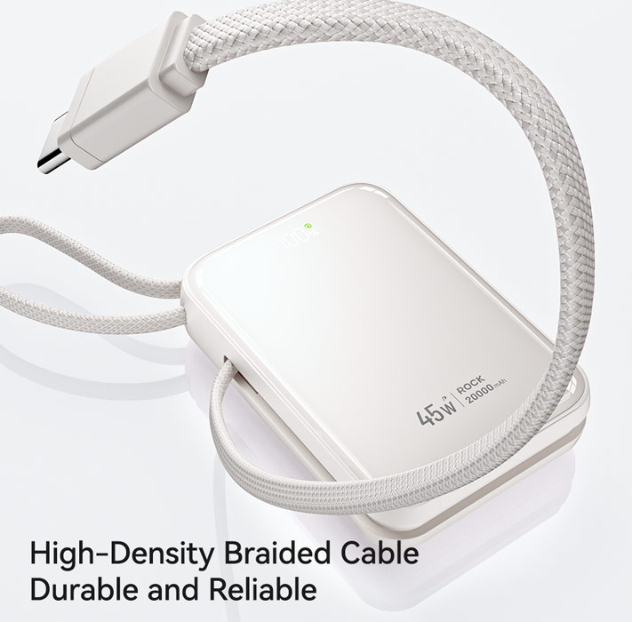 Picture of ROCK Interstellar CCC Certified 45W Power Bank with Built-in Cables 20000mAh Travel Portable Small Palm Size Compact Mini Power Bank powerbank with Multiple Built in Cable USB C USB L (White)
