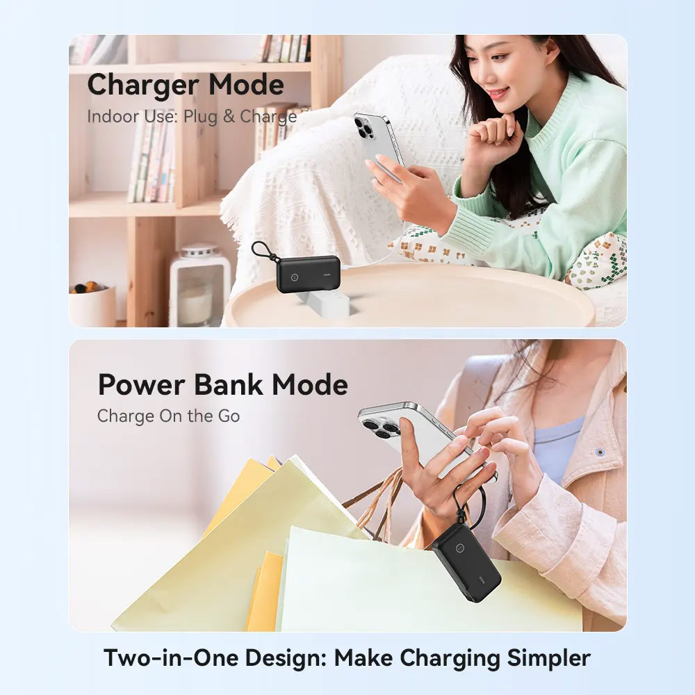 Picture of Rock Wall Charger 22.5W Power Bank 10000mAh Travel Portable  with Multiple Built in Cable USB C USB L and US UK EU Plugs (Black)