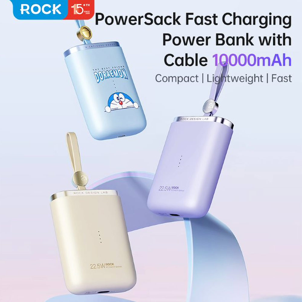 Picture of Rock Mini Compact Pocket Size Small Thin Portable Easy Travel Fast Charge CCC Powerbank Power Bank with Cable (Purpler)