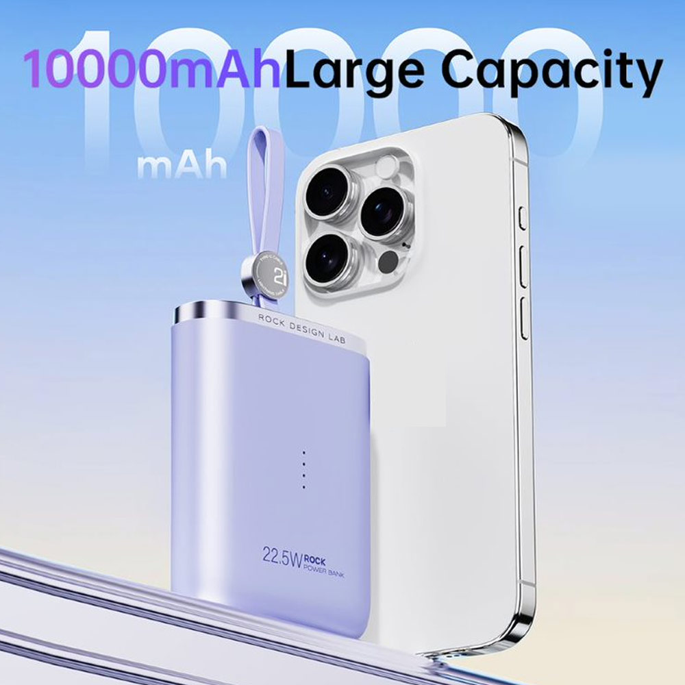 Picture of Rock Mini Compact Pocket Size Small Thin Portable Easy Travel Fast Charge CCC Powerbank Power Bank with Cable (Purpler)