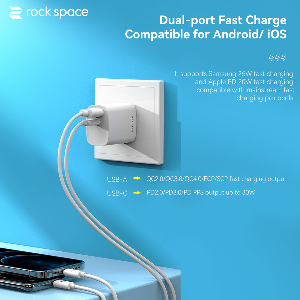Picture of Rock Space T51 30W Max Dual Port Fast Charge Travel Charger for IOS Android iPhone 13 Pro Max 12 Pro Max (White)