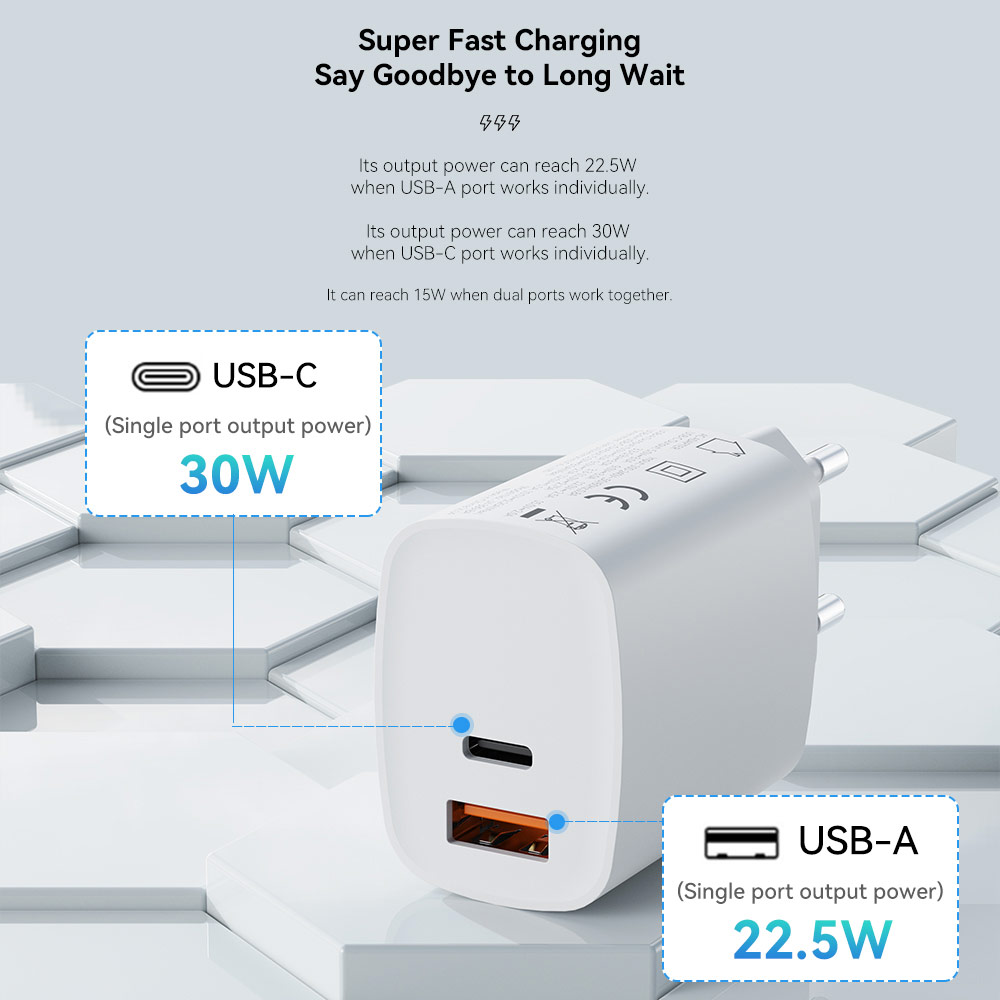 Picture of Rock Space T51 30W Max Dual Port Fast Charge Travel Charger for IOS Android iPhone 13 Pro Max 12 Pro Max (White)